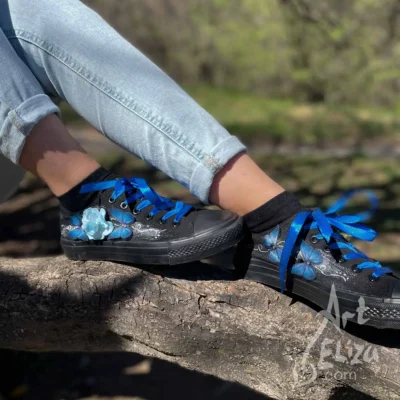 Ръчно рисувани кецове Сини пеперуди 3D от ArtEliza сн.2